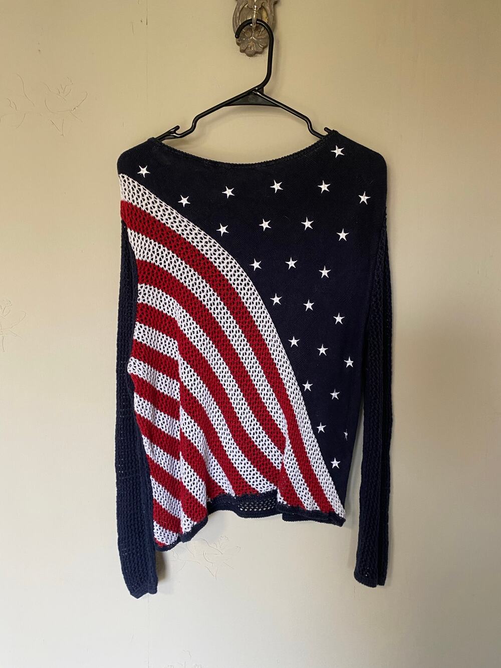 Norton Studio Patriotic Flag  Open Knit Flap Sweater with embroidered Stars PXL